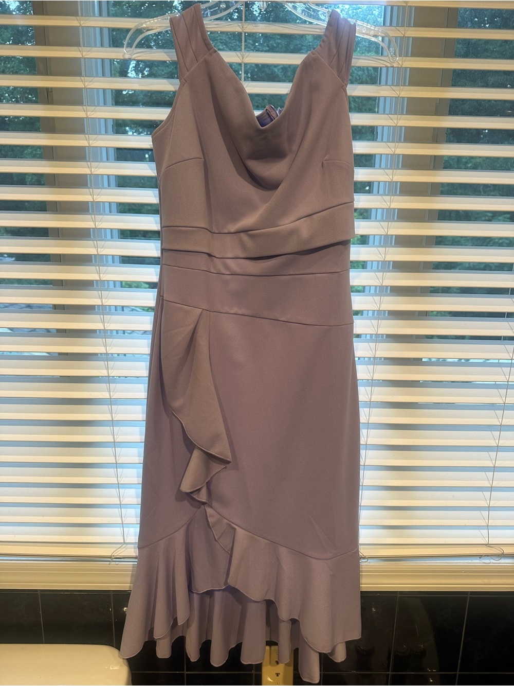 Cowl-Neck Lavender Midi Dress with Ruffle Hem